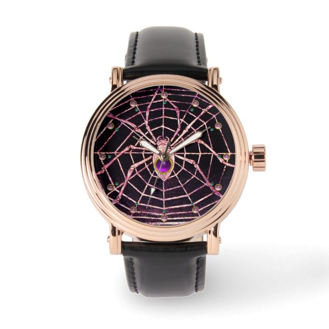 SPIDER EN WEB Roze Paarse Amethyst-Pareltjes, zwar Horloge (Voorkant)