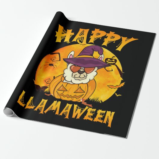 Spider Gift | Happy Llamaween Llama Witch Spider Cadeaupapier (Uitgerold)