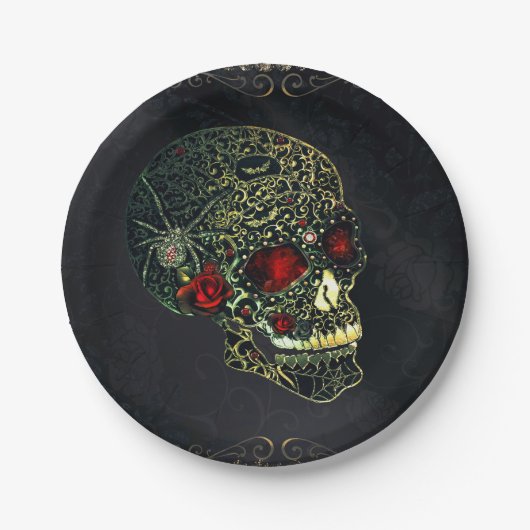 Spider Skull & Rozen Glam Gothic Party Papieren Bordje (Voorkant)