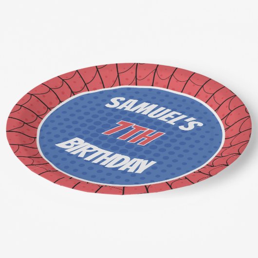 Spider superheld rode en blauwe verjaardag papieren bordje (Gekanteld)