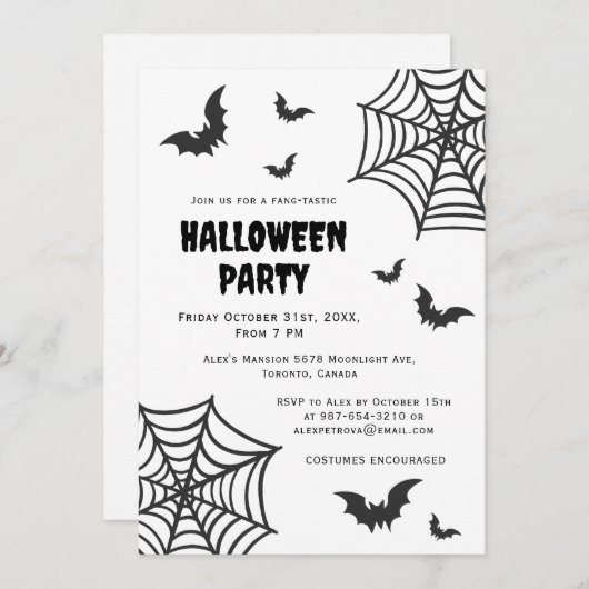 Spider Web Bat Spooky Black White Halloween Party Kaart (Voorkant / Achterkant)