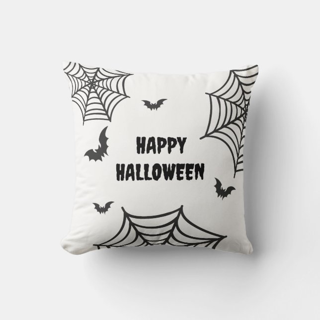 Spider web Bat Zwart-wit Happy Halloween Kussen (Voorkant)