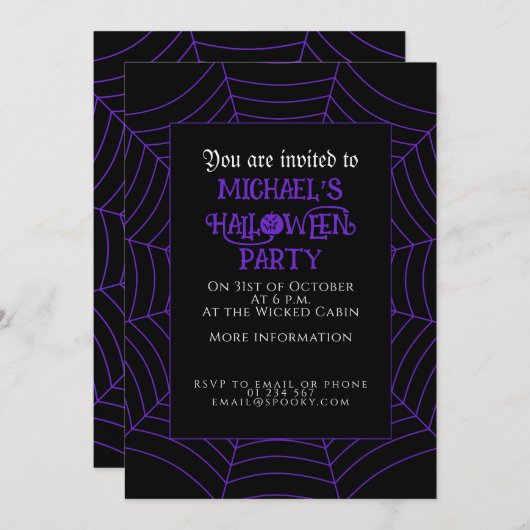 Spider web black purple white Halloween party Kaart (Voorkant / Achterkant)