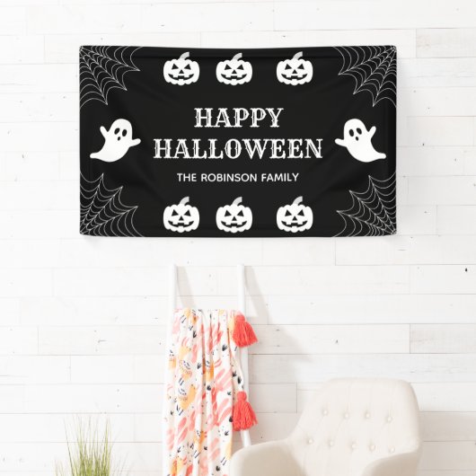 Spider Web Custom Zwart & Wit Happy Halloween Spandoek (Insitu)
