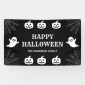 Spider Web Custom Zwart & Wit Happy Halloween Spandoek (Horizontaal)