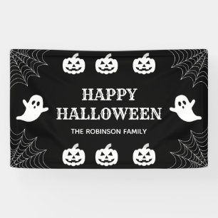 Spider Web Custom Zwart & Wit Happy Halloween Spandoek