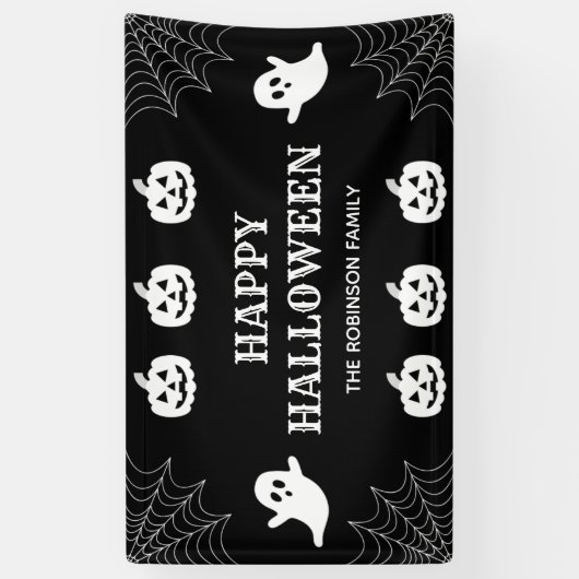 Spider Web Custom Zwart & Wit Happy Halloween Spandoek (Verticaal)