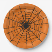 Spider Web met spin op Oranje Halloween Papieren Bordje (Voorkant)