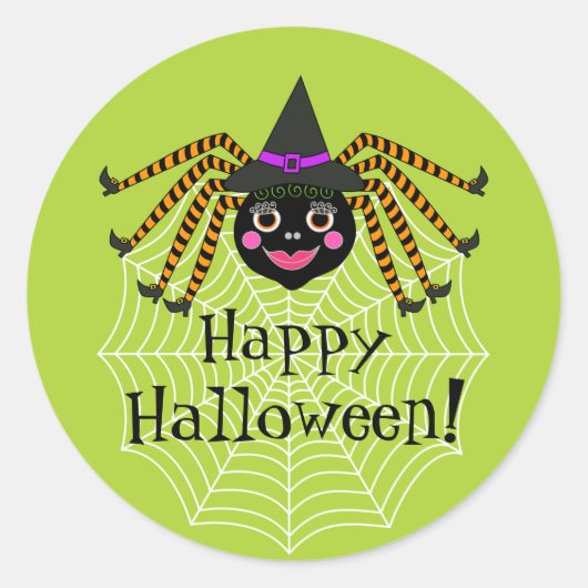 Spider Witch Happy Halloween Ronde Sticker (Voorkant)