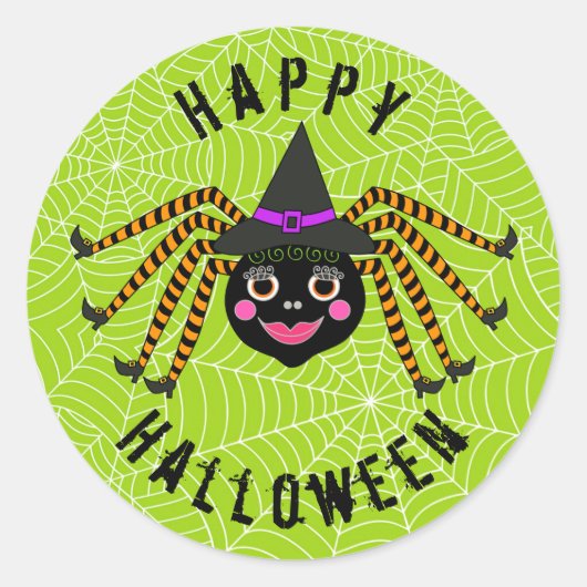 Spider Witch Happy Halloween Ronde Sticker (Voorkant)