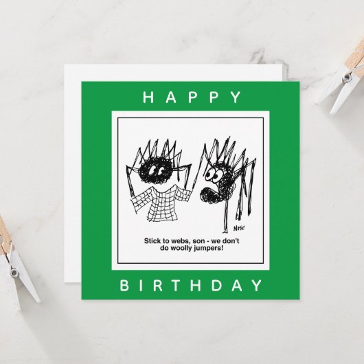 Spider zegt Cartoon "Stick to Webs". Kaart (Voorkant / Achterkant in situ)