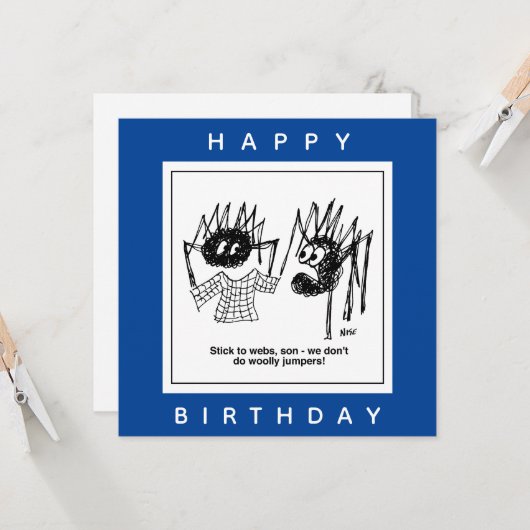 Spider zegt "Stick to Webs" Cartoon. Webontwerper Kaart (Voorkant / Achterkant in situ)