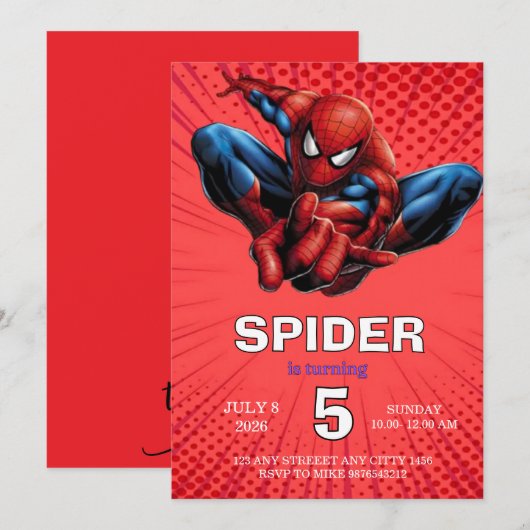 Spiderman Thema Verjaardag Superheld Spin Feestje Kaart (Voorkant / Achterkant)