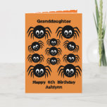 Spiders Birthday Halloween Granddaughter Kaart<br><div class="desc">A personalized spider granddaughter birthday Halloween card featuring a bunch of creepy crawly spiders. You can easily personalize the front of this spider halloween birthday granddaughter card with their age and name. Inside reads a spooktacular message, which you can keep or edit if wanted. The back of the kid's birthday...</div>