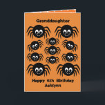 Spiders Birthday Halloween Granddaughter Kaart<br><div class="desc">A personalized spider granddaughter birthday Halloween card featuring a bunch of creepy crawly spiders. You can easily personalize the front of this spider halloween birthday granddaughter card with their age and name. Inside reads a spooktacular message, which you can keep or edit if wanted. The back of the kid's birthday...</div>
