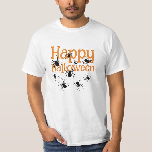 Spiders Happy Halloween Zwart en Sinaasappel T-shi T-shirt (Voorkant)