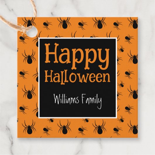 Spiders Happy Halloween Zwart Sinaasappel Custom Bedankjes Labels (Voorkant)