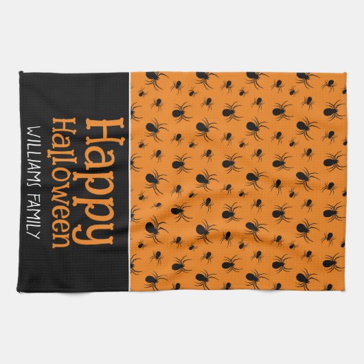 Spiders Happy Halloween Zwart Sinaasappel Custom n Theedoek (Horizontaal)