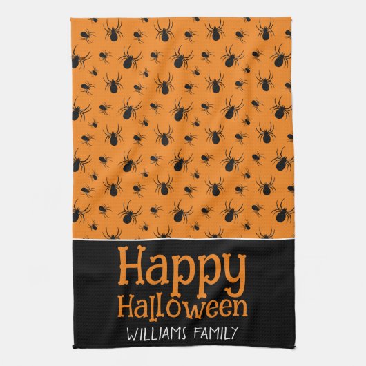 Spiders Happy Halloween Zwart Sinaasappel Custom n Theedoek (Verticaal)