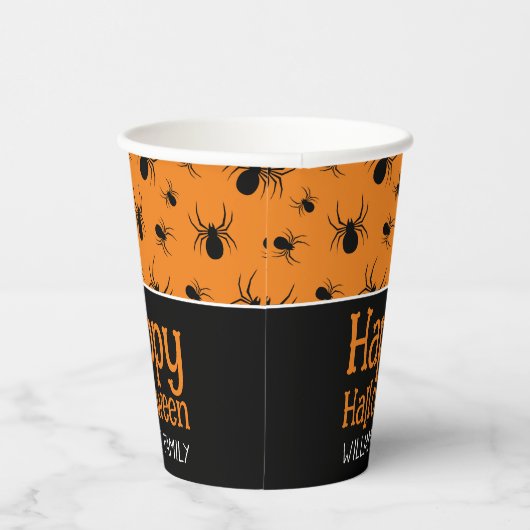Spiders Happy Halloween Zwart Sinaasappel Custom Papieren Bekers (Rechts)