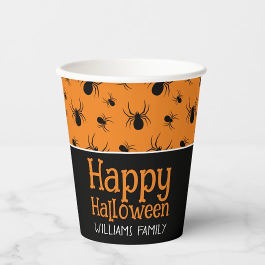 Spiders Happy Halloween Zwart Sinaasappel Custom Papieren Bekers (Voorkant)