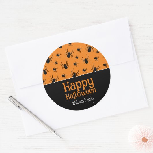 Spiders Happy Halloween Zwart Sinaasappel Custom Ronde Sticker (Envelop)