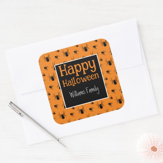 Spiders Happy Halloween Zwart Sinaasappel Custom Vierkante Sticker (Envelop)