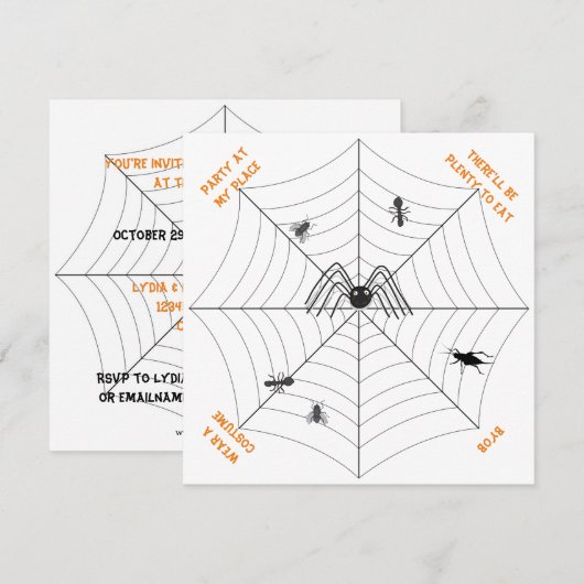 Spider's Web Party in My Place - Party Invitation Kaart (Voorkant / Achterkant)