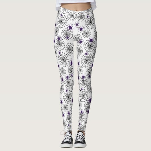 Spiderweb en Paarse Spiders Halloween White Patter Leggings (Voorkant)