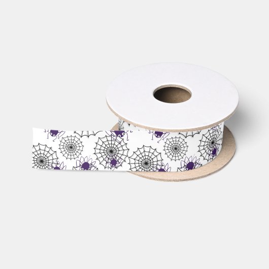 Spiderweb en Paarse Spiders Halloween White Patter Satijnen Lint (Spoel)