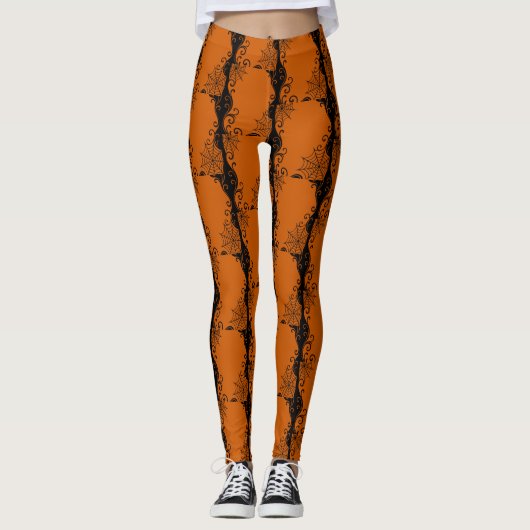 Spiderweb Ornament Sinaasappel Zwart Halloween Leggings (Voorkant)