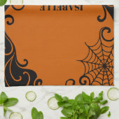 Spiderweb Ornament Sinaasappel Zwart Halloween Theedoek (Gevouwen)