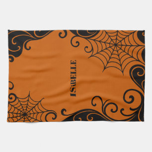 Spiderweb Ornament Sinaasappel Zwart Halloween Theedoek