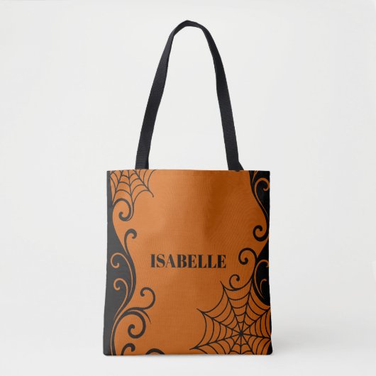 Spiderweb Ornament Sinaasappel Zwart Halloween Tote Bag (Voorkant)