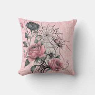Spiderweb Rozen   Roze Damast Gotische Halloween Kussen