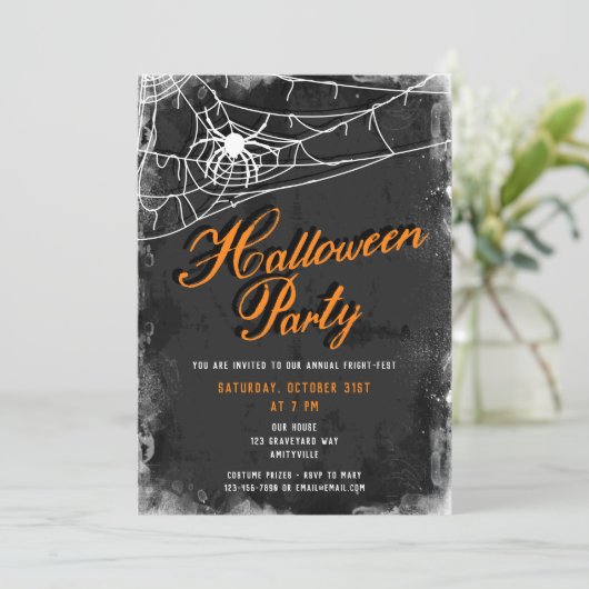 Spiderweb +  Script Vervallen Halloween Party Kaart (Staand voorkant)