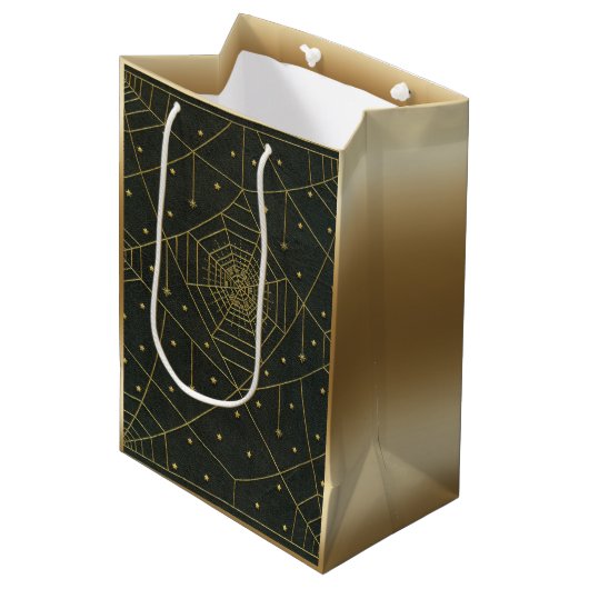 Spiderweb spin en sterren zwart en goud medium cadeauzakje (Voorkant Gekanteld)