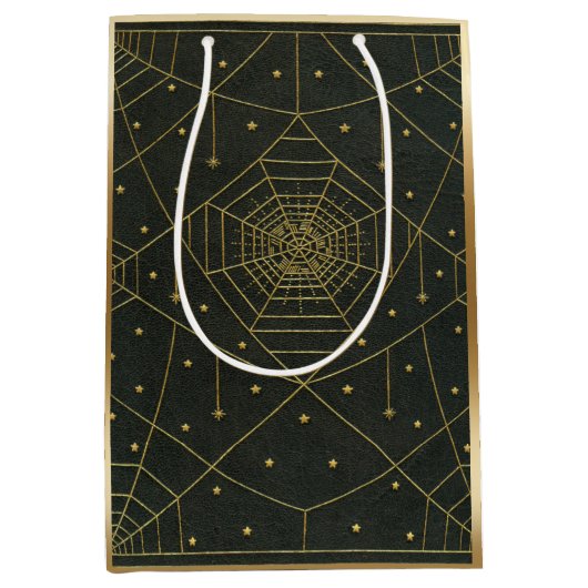 Spiderweb spin en sterren zwart en goud medium cadeauzakje (Voorkant)