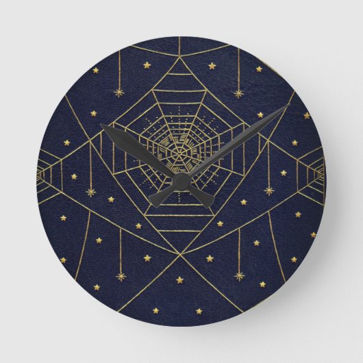 Spiderweb spin en sterren zwart en goud ronde klok (Voorkant)