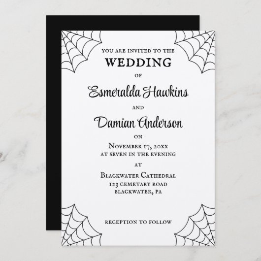 Spiderwebben Black and White Gothic Wedding Kaart (Voorkant / Achterkant)