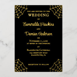 Spiderwebben Black en Gold Gothic Wedding Folie Uitnodiging