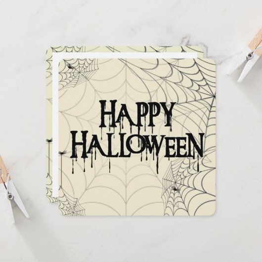 Spiderwebben en Happy Halloween Creepy-tekst Kaart (Voorkant / Achterkant in situ)