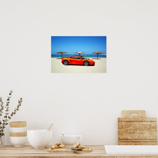 Spierauto Sinaasappel op strand Poster (Keuken)