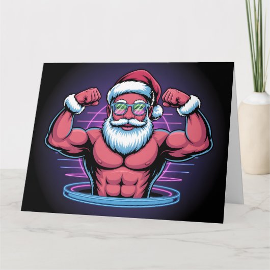 Spierbundige Kerstman Bodybuilder Illustratie Kaart (Voorkant)