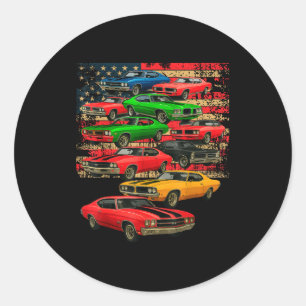 Spierklassieke auto man Amerikaanse vlag vaderdag Ronde Sticker