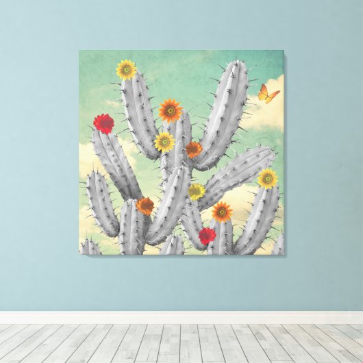 Spiky Cactus Flowers Collage Art Canvas Afdruk (Insitu (Houten vloer))