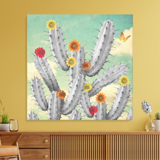 Spiky Cactus Flowers Collage Art Canvas Afdruk (Insitu (Woonkamer))