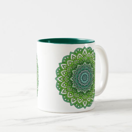 Spiky Green Flower Mandala Tweekleurige Koffiemok (Voorkant rechts)
