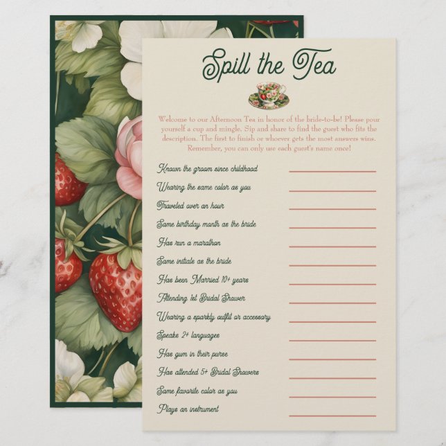 Spill the Tea: Vrijgezellenfeest Mix en Mingle Gam (Voorkant / Achterkant)