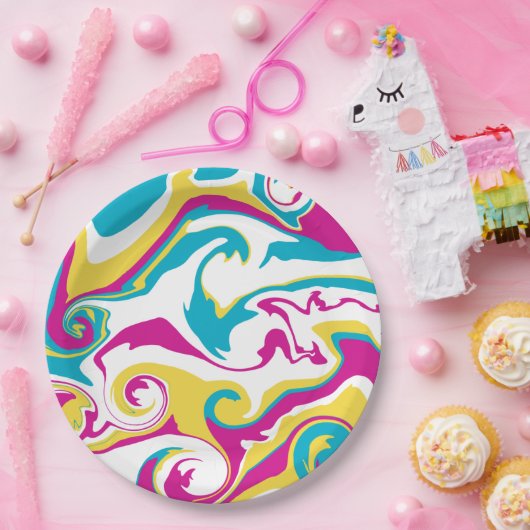 Spill - Turquoise, Geel, Roze en Wit Papieren Bordje (Feest)